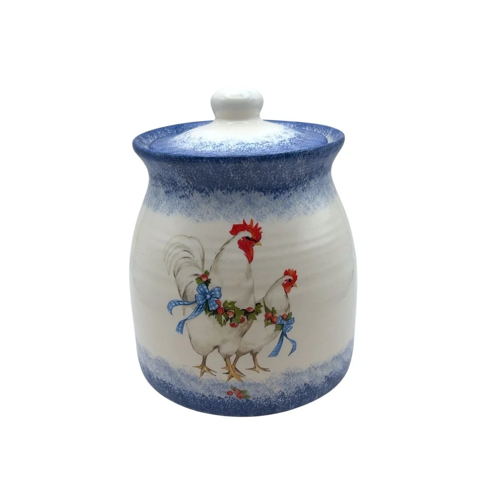 Vintage Ceramic Rooster Hen Storage Jar Lid Blue Chicken Farmhouse Canister 9